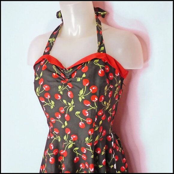 50s STYLE Sun Dress Black Cherry Print PinUp  Fit Flare Halter is 90s Vintage - Picture 5 of 12